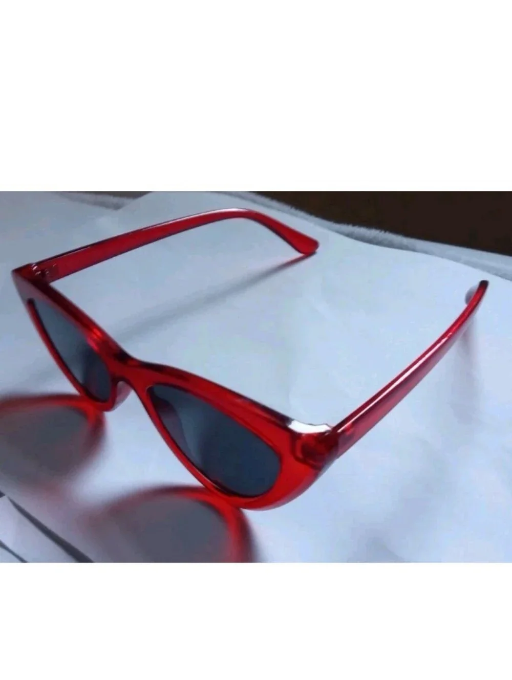 Women's Red Cat Eye Sunglasses Solid Plastic Frame Gray Tinted Lenses
